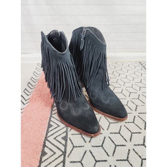 SAM EDELMAN BENJIE FRINGE POINTED TOE HEELED BOOTS IN BLACK, SZ 7.5 - Picture 3 of 13